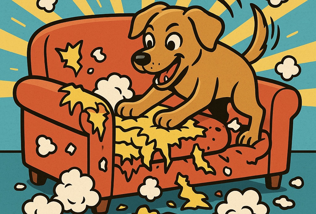 犬がソファを破壊している様子を描いたイラスト