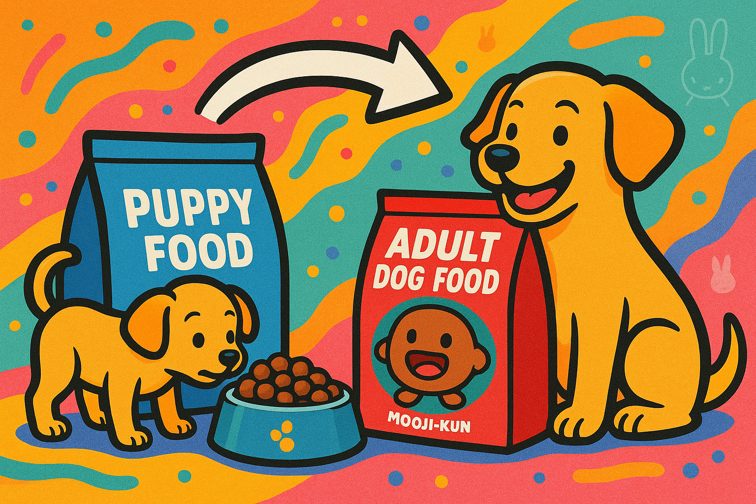 子犬用フードから成犬用フードへの切り替え方について描いたイラスト