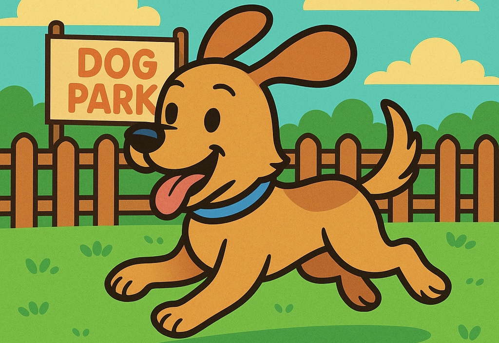 犬がドッグランデビューしている様子を描いたイラスト