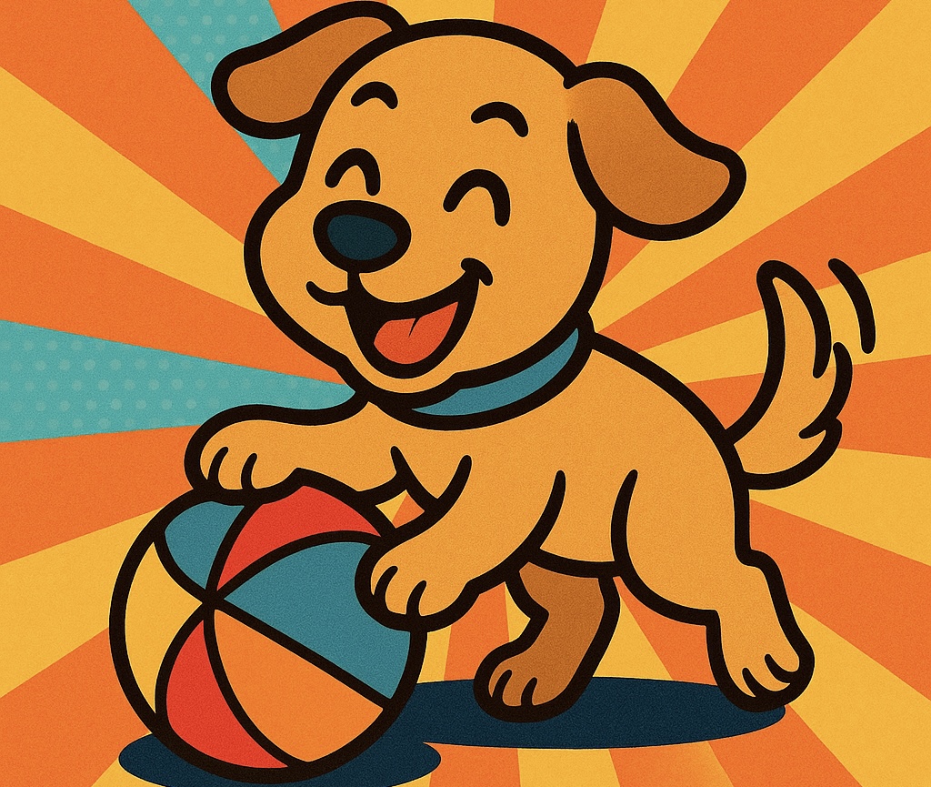 犬がおもちゃで遊んでいる様子を描いたイラスト