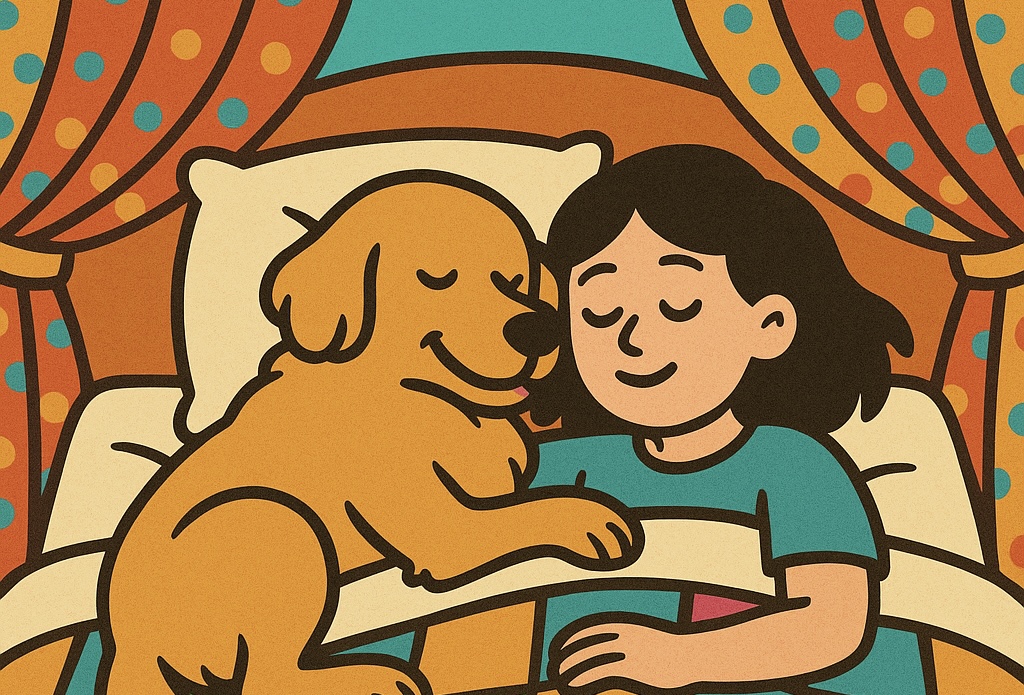 犬と人が一緒に寝ている様子を描いたイラスト