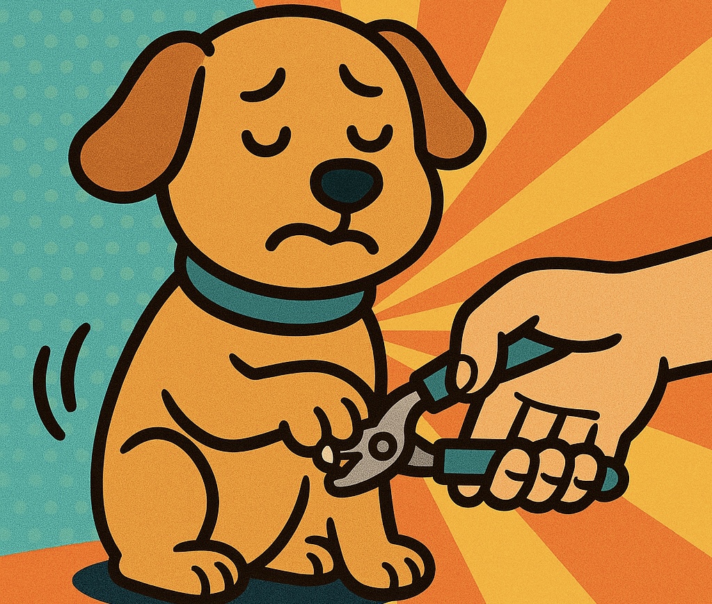 犬の日々のお手入れについて、爪切りをされている様子を描いたイラスト