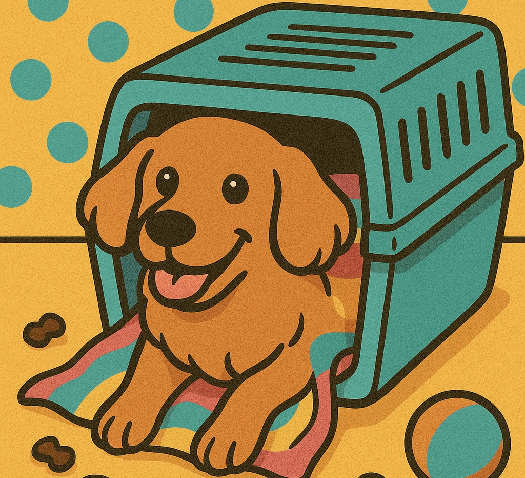 犬がクレートトレーニングをしている様子を描いたイラスト