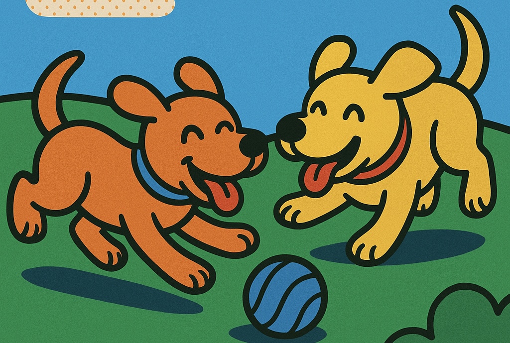 犬の社会化についての記事で、犬同士が遊んでいる様子を描いたイラスト